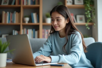 Jeune femme concentrée sur son ordinateur dans un salon cosy