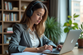 Jeune femme en bureau moderne avec casque sans fil et ordinateur