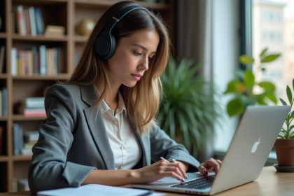 Jeune femme en bureau moderne avec casque sans fil et ordinateur
