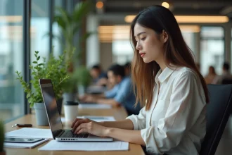 Jeune femme au bureau travaillant sur son ordinateur