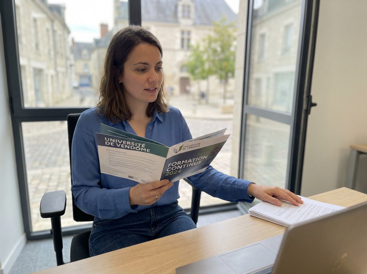 Jeune femme concentrée à son bureau à Vendôme