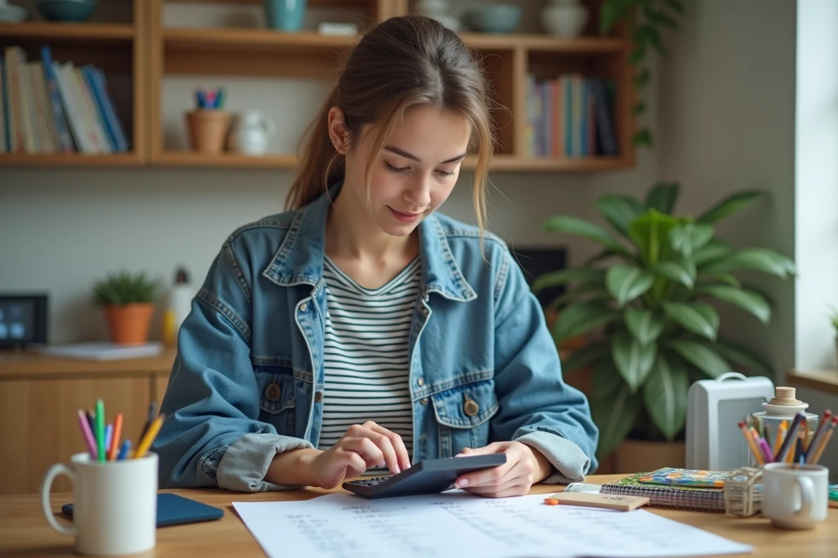 Jeune femme utilisant une calculatrice dans une cuisine lumineuse