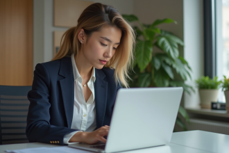 Jeune femme concentrée sur un examen en ligne dans un bureau moderne