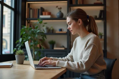 Jeune femme concentr&eacute;e sur son ordinateur dans un espace de coworking parisien