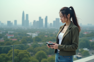 Jeune femme concentrée utilisant un drone sur un rooftop urbain