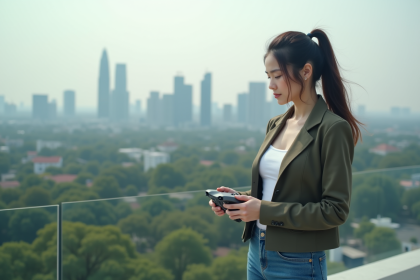 Jeune femme concentrée utilisant un drone sur un rooftop urbain