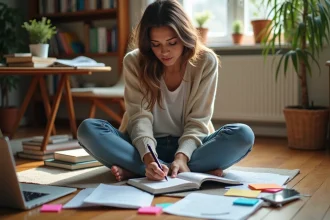 Jeune femme concentr&eacute;e &agrave; &eacute;tudier dans un salon lumineux