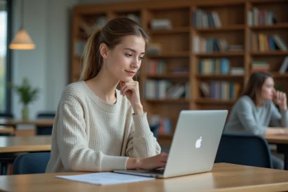 Jeune femme concentr&eacute;e sur son ordinateur portable en &eacute;tude universitaire