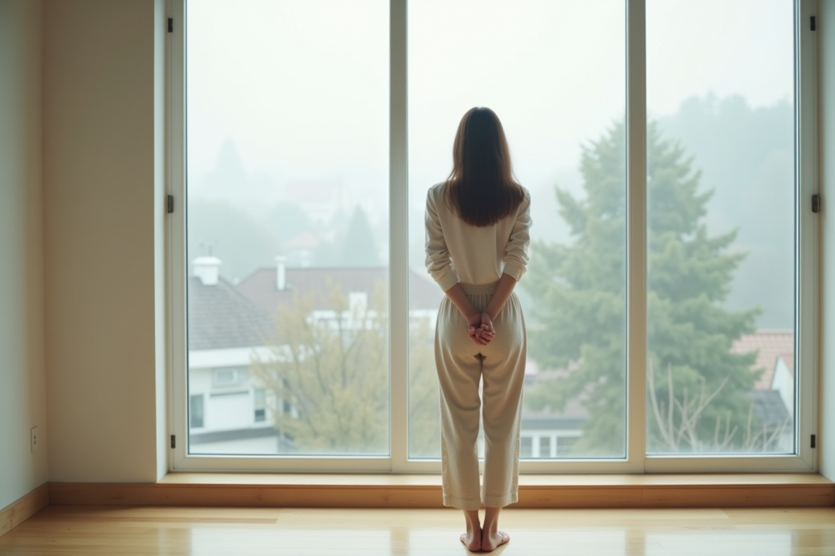 Jeune femme regardant par la fenêtre dans un intérieur minimaliste