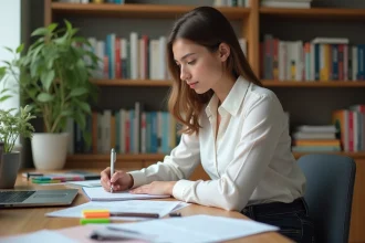 Jeune femme en blouse blanche prenant des notes dans un bureau