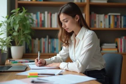 Jeune femme en blouse blanche prenant des notes dans un bureau