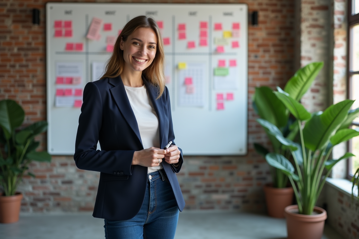 Jeune femme souriante devant un tableau de projet organisé
