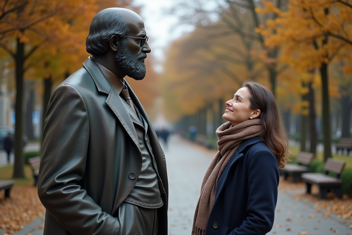 Jeune femme regardant une statue dans un parc en automne