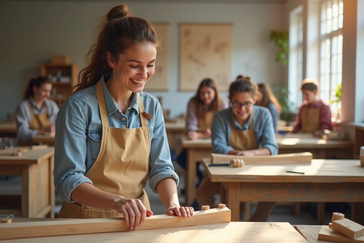 Jeune femme riant en mesurant une planche en bois dans un atelier lumineux