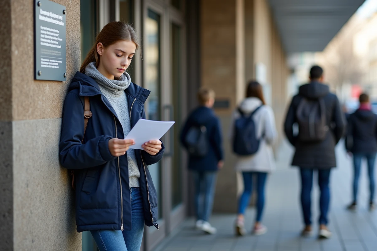 Fille examinant un formulaire devant un bâtiment administratif urbain
