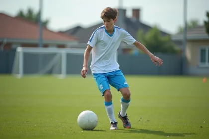 Jeune footballeur en formation dribblant sur un terrain d'entraînement modeste, illustrant le parcours d'un joueur de petit club vers un grand centre de formation