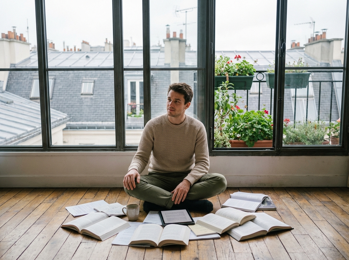 Jeune homme dans un appartement parisien avec livres et vue urbaine