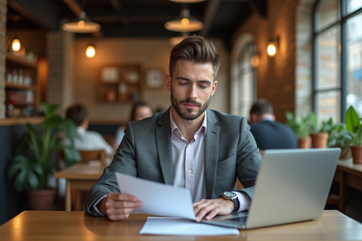 Jeune homme au café préparant sa présentation
