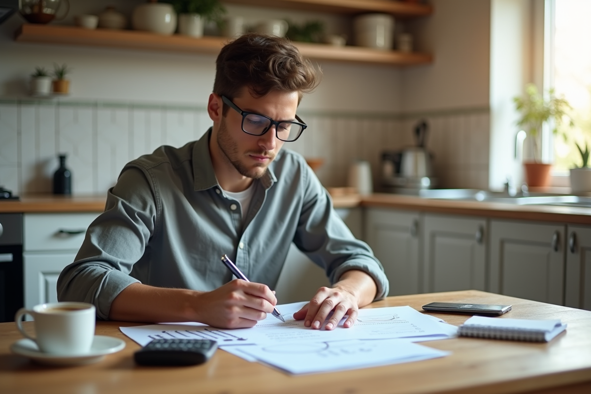 Jeune homme travaillant sur des calculs financiers à la maison