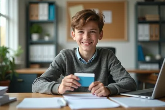 Jeune gar&ccedil;on souriant avec sa carte d'&eacute;tudiant dans un bureau scolaire