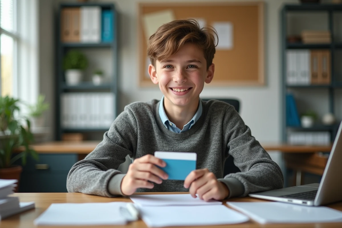 Jeune garçon souriant avec sa carte d'étudiant dans un bureau scolaire