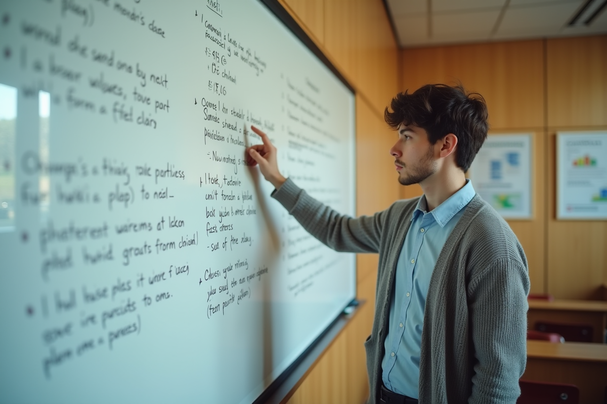 Jeune homme expliquant un passage sur le tableau blanc en classe