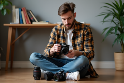Jeune homme examinant deux objectifs photo dans un studio