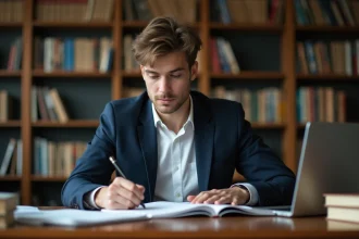 Jeune homme en costume écrivant dans une bibliothèque universitaire