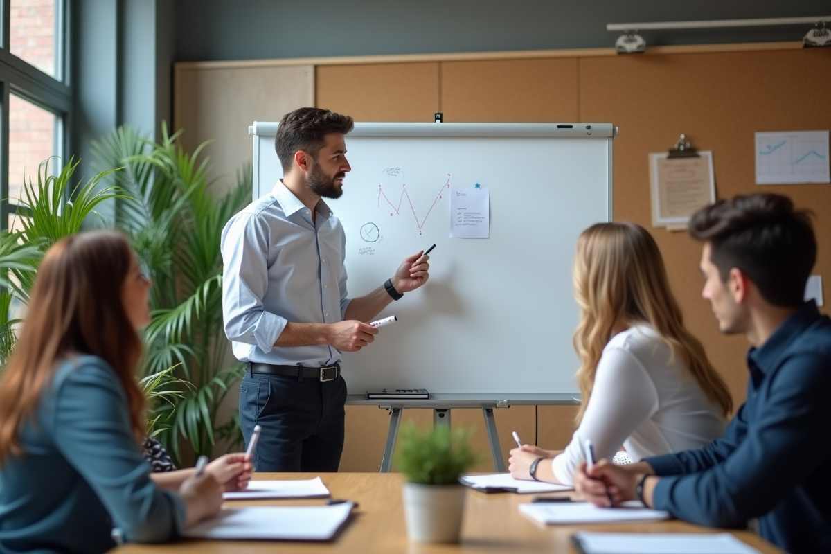 Jeune manager en présentation avec tableau blanc en intérieur