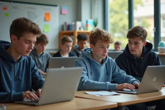 Jeunes en classe utilisant l'outil Habilec7 sur leurs laptops