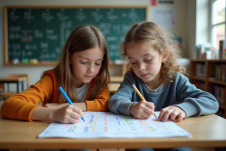 Jeunes collégiens concentrés sur une fiche de mathématiques