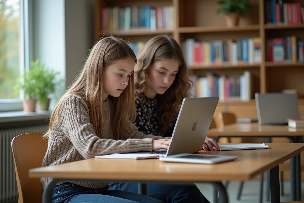 Jeune garçon et fille concentrés sur un ordinateur à la bibliothèque