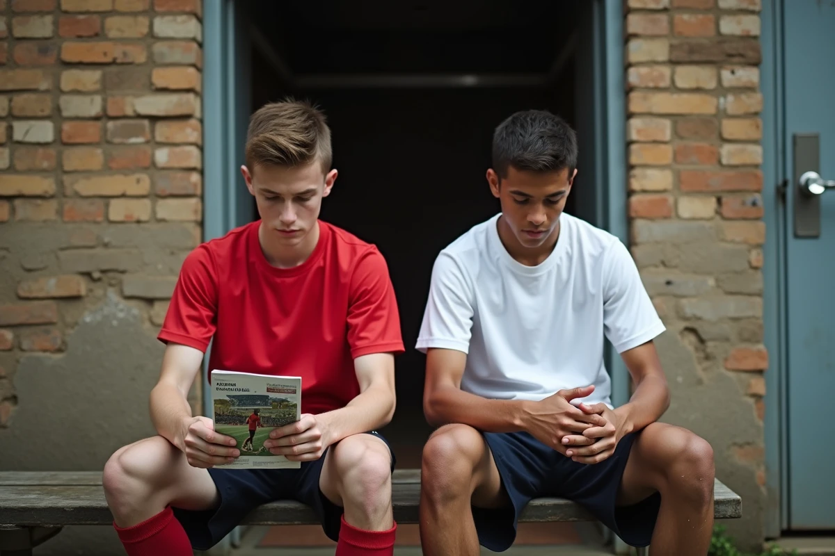Deux jeunes footballeurs consultent une brochure de recrutement assis devant les vestiaires d'un club amateur, évoquant la question de l'accès aux grands centres de formation comme l'OM