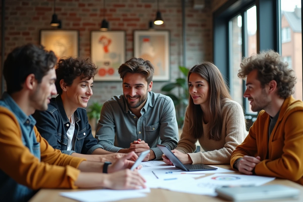 Groupe de jeunes créatifs discutant autour d