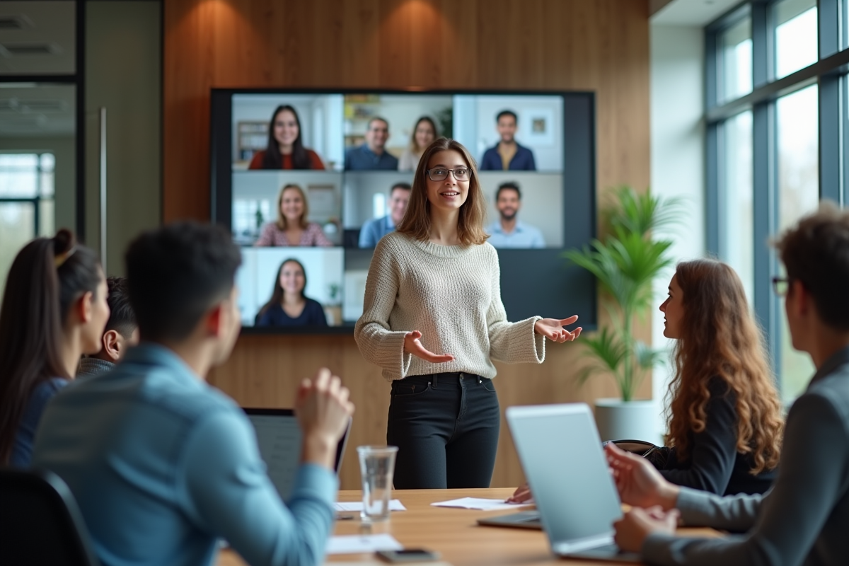 Jeune femme leader en réunion dans un espace collaboratif