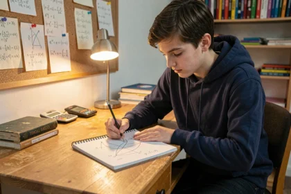 Lycéen résolvant des exercices de trigonométrie dans son cahier à son bureau, avec calculatrice et manuel de mathématiques