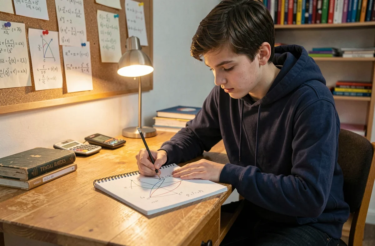 Lycéen résolvant des exercices de trigonométrie dans son cahier à son bureau, avec calculatrice et manuel de mathématiques