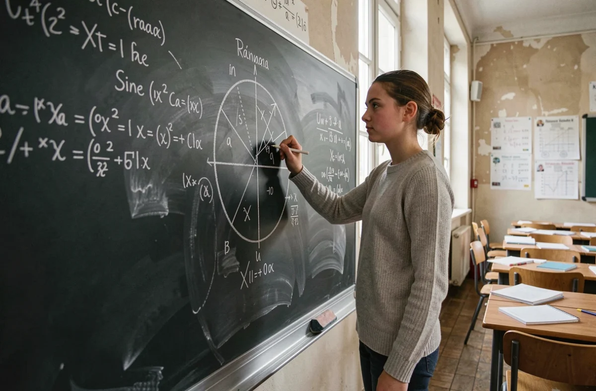 Lycéenne traçant un cercle trigonométrique au tableau noir dans une salle de classe, avec angles et valeurs remarquables