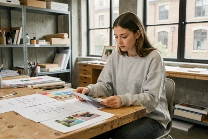 Lycéenne étudiant des documents sur les formations en design dans un atelier scolaire moderne