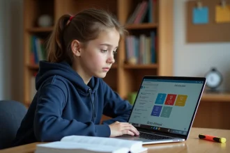 Lycéenne utilisant le portail ENT Île-de-France sur un ordinateur portable pour réviser ses cours