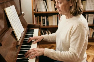 Femme adulte jouant de la main gauche sur un piano droit, apprentissage de la clef de FA en musique classique
