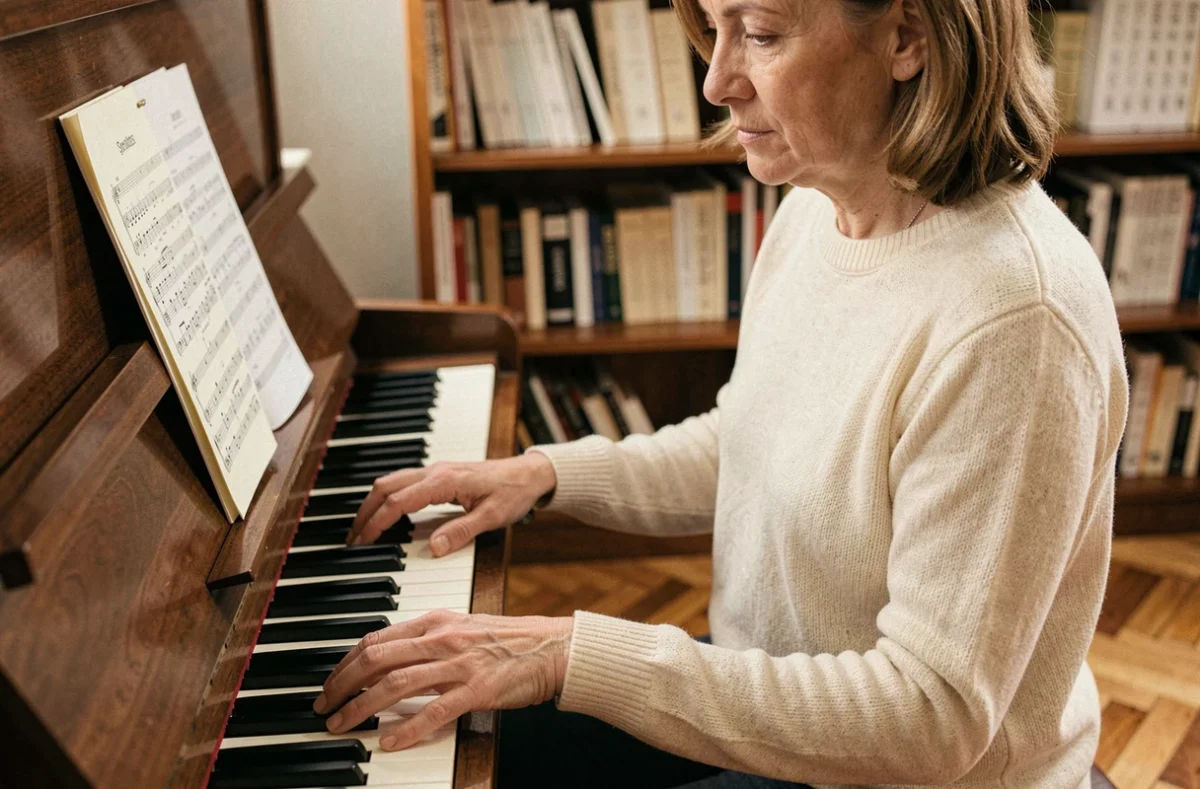 Femme adulte jouant de la main gauche sur un piano droit, apprentissage de la clef de FA en musique classique
