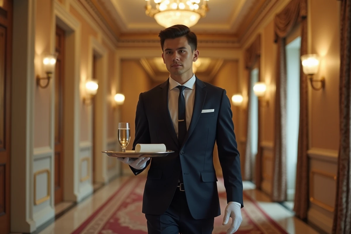 Majordome en costume dans un couloir d'hôtel cinq étoiles portant un plateau de service après une formation en hôtellerie de luxe