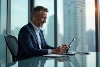 Manager d'affaires en costume bleu dans un bureau moderne