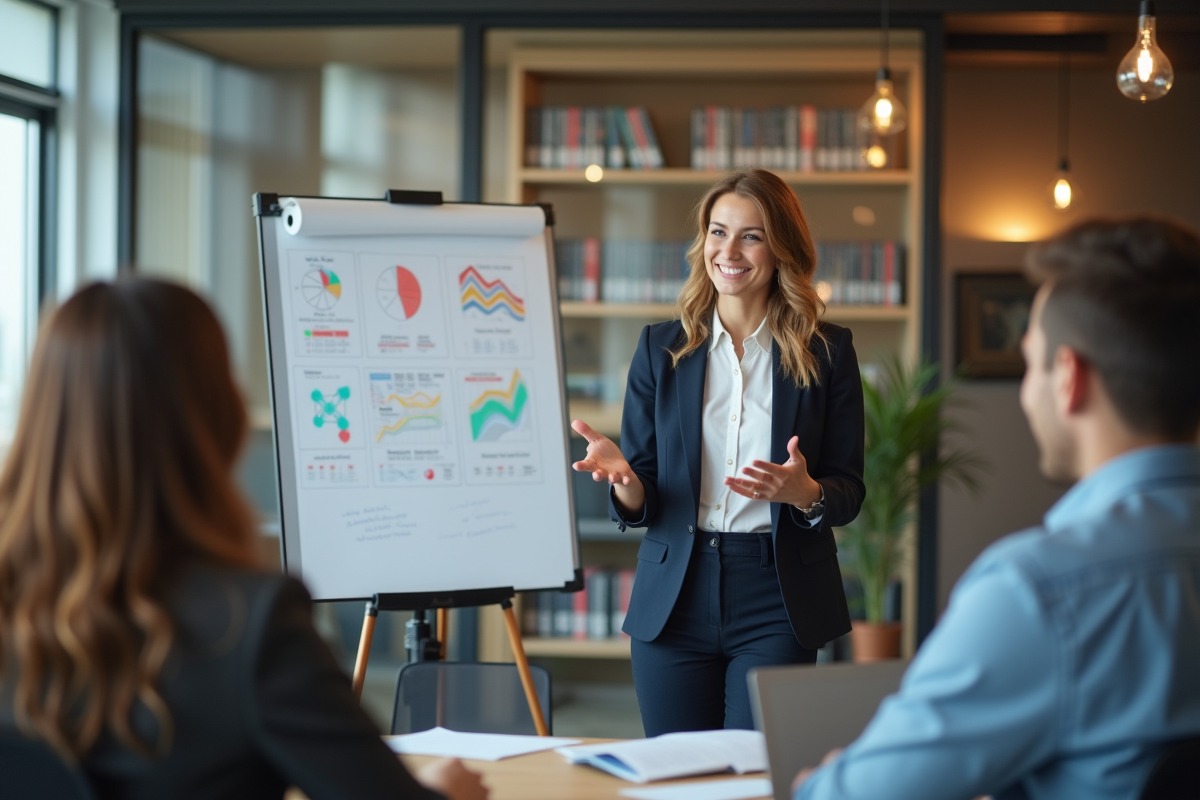Jeune manager expliquant des diagrammes à ses collègues