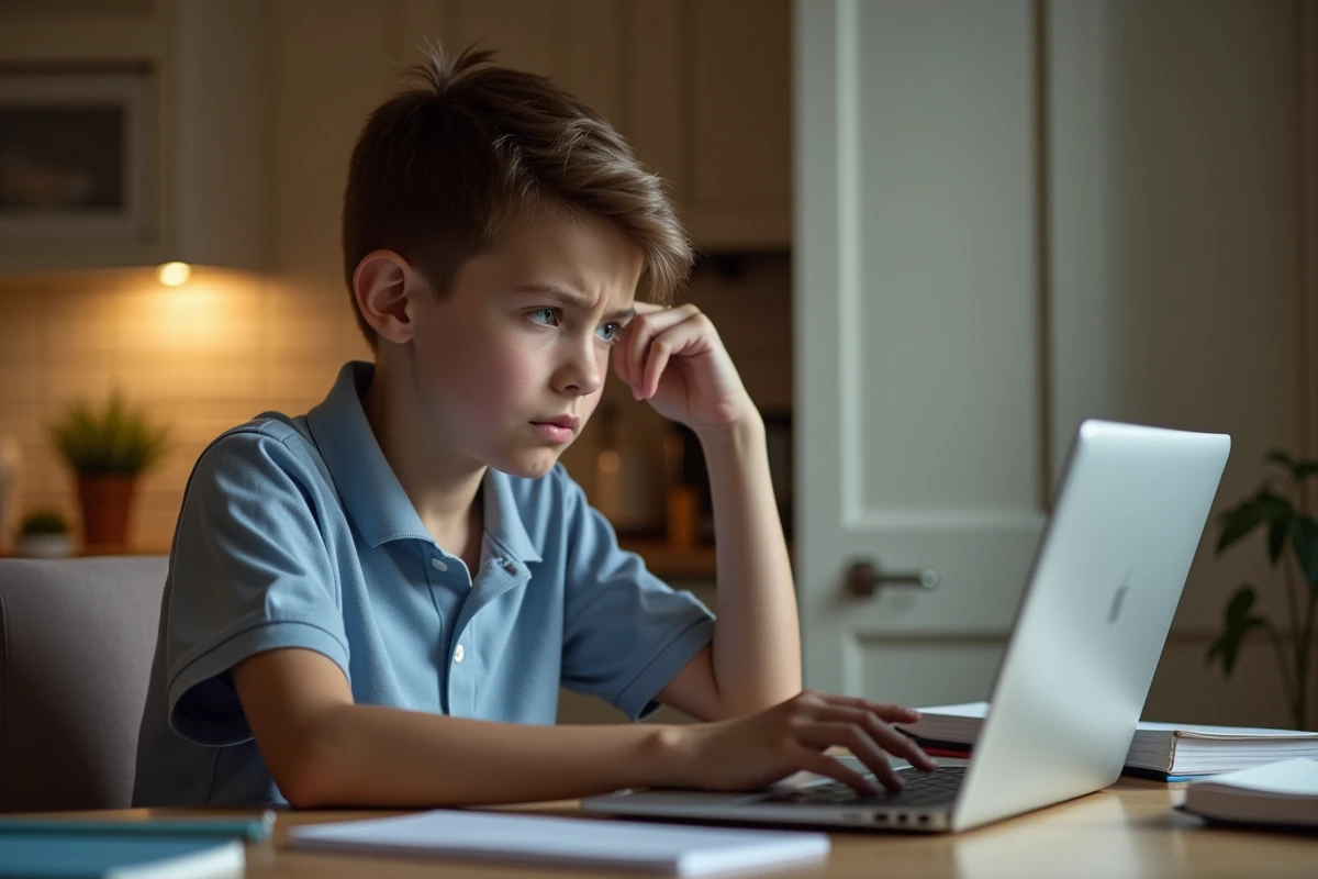 Un adolescent à la maison devant son ordinateur portable avec une expression confuse face à une page de sélection de parcours d'authentification, illustrant l'erreur de choisir la mauvaise voie de connexion sur Cybercollège.