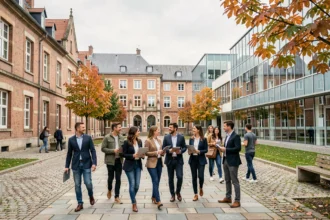 Étudiants en école de commerce marchant sur un campus universitaire du Grand Est, mélange d'architecture alsacienne et de bâtiments modernes