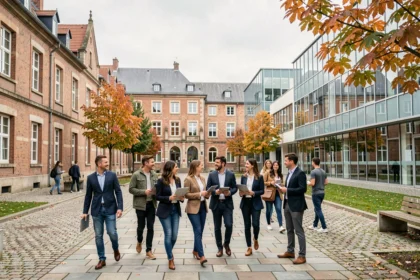 Étudiants en école de commerce marchant sur un campus universitaire du Grand Est, mélange d'architecture alsacienne et de bâtiments modernes