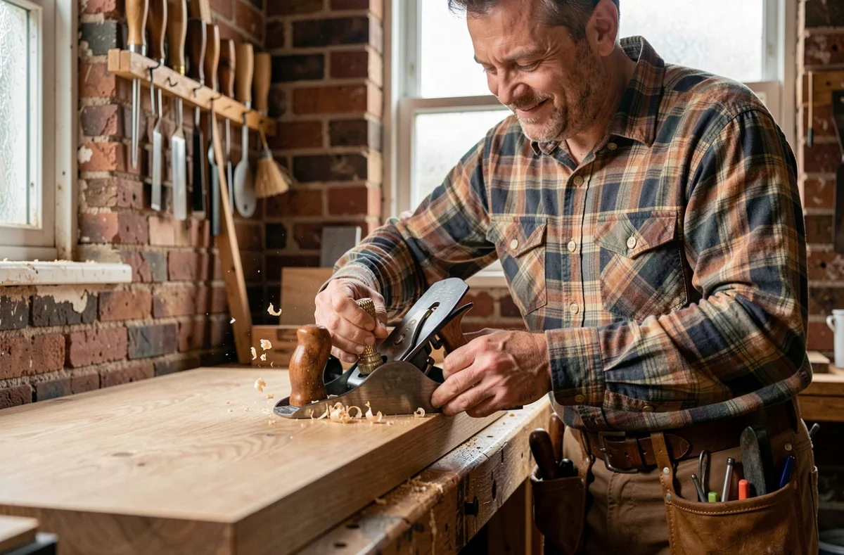 Homme adulte débutant en menuiserie rabotant un panneau en chêne dans un atelier artisanal