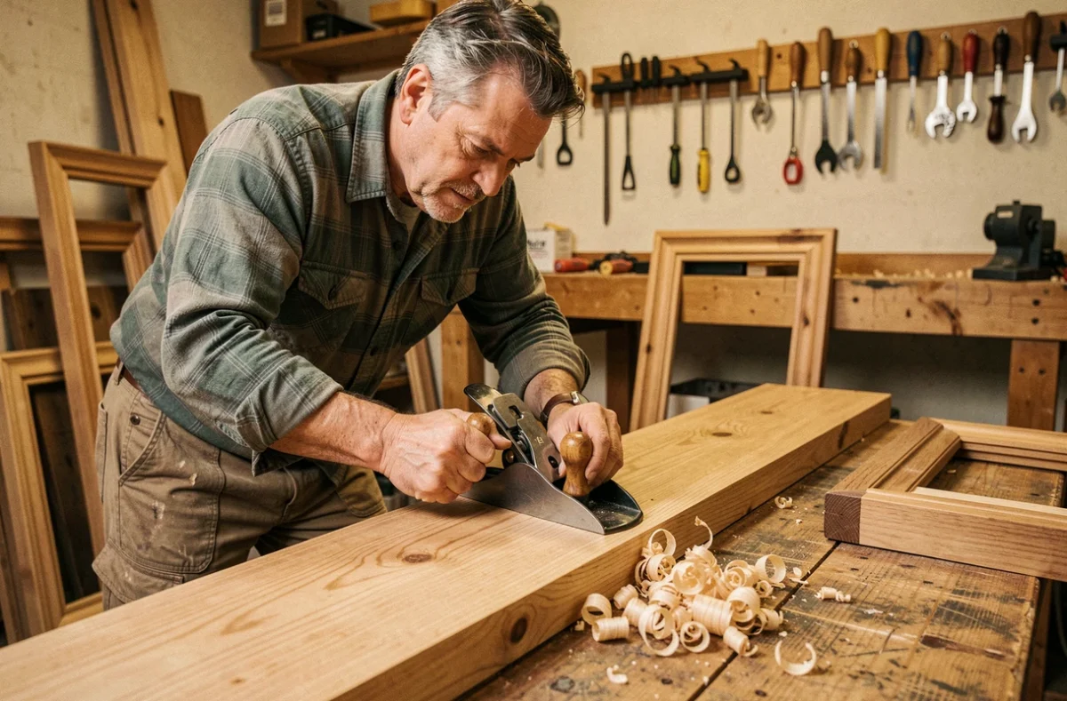Menuisier expérimenté utilisant un rabot à main sur un plateau en chêne dans un atelier de menuiserie artisanale
